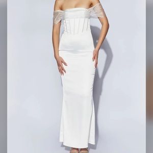 Meshki -Off Shoulder Organza Satin Maxi Dress - White